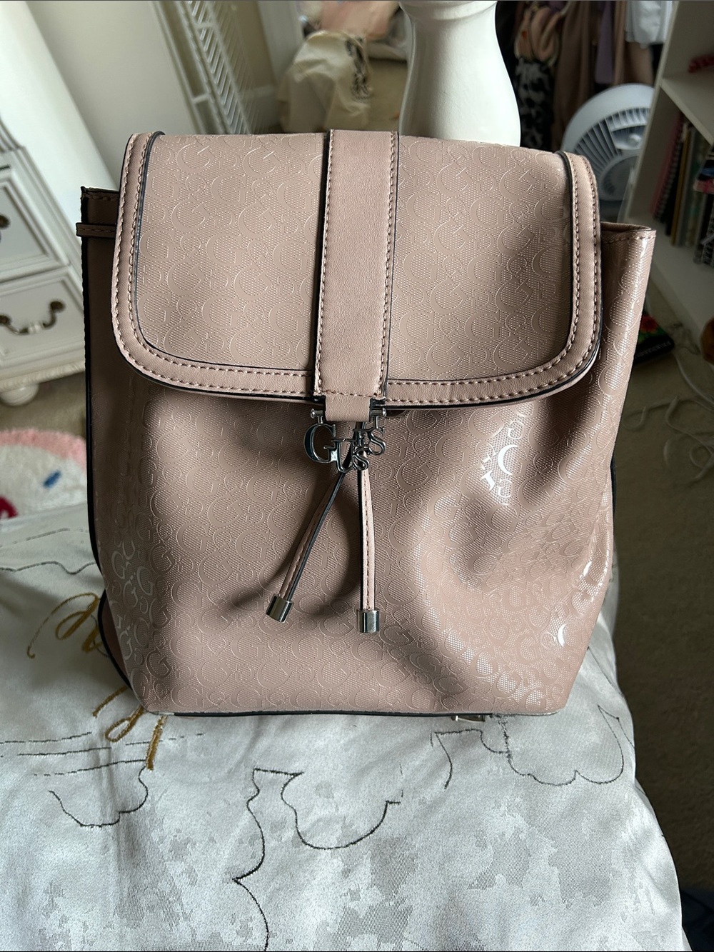 Guess Blush Pebbled Monogram Flap Backpack
